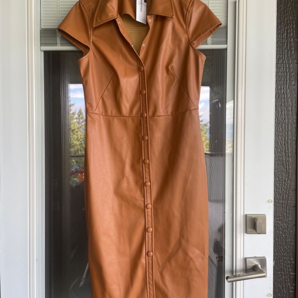 Calvin Klein Faux Leather Tan/Camel Button up dress